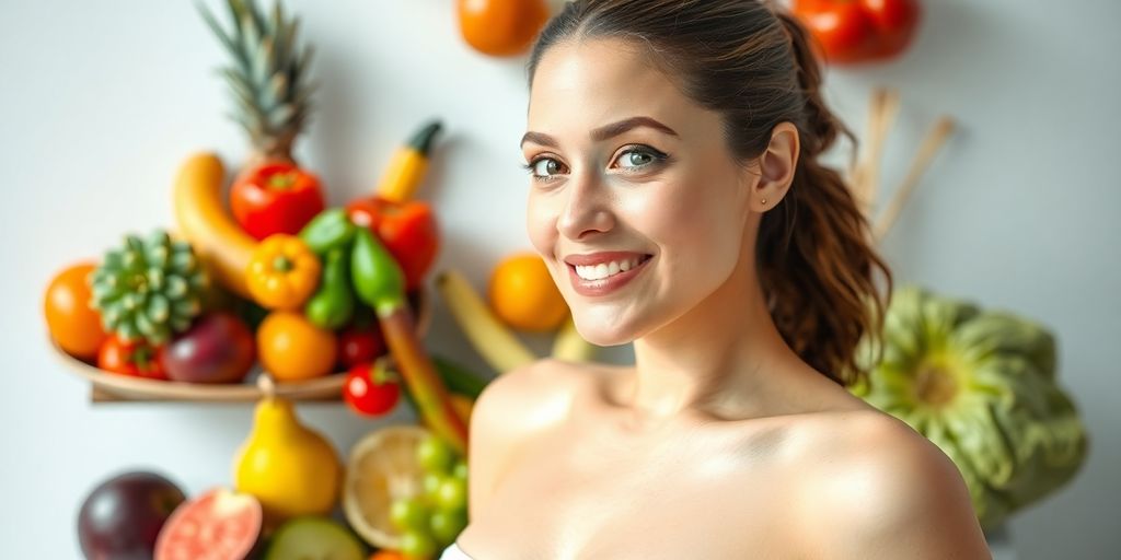 Fresh produce and a model with radiant skin.