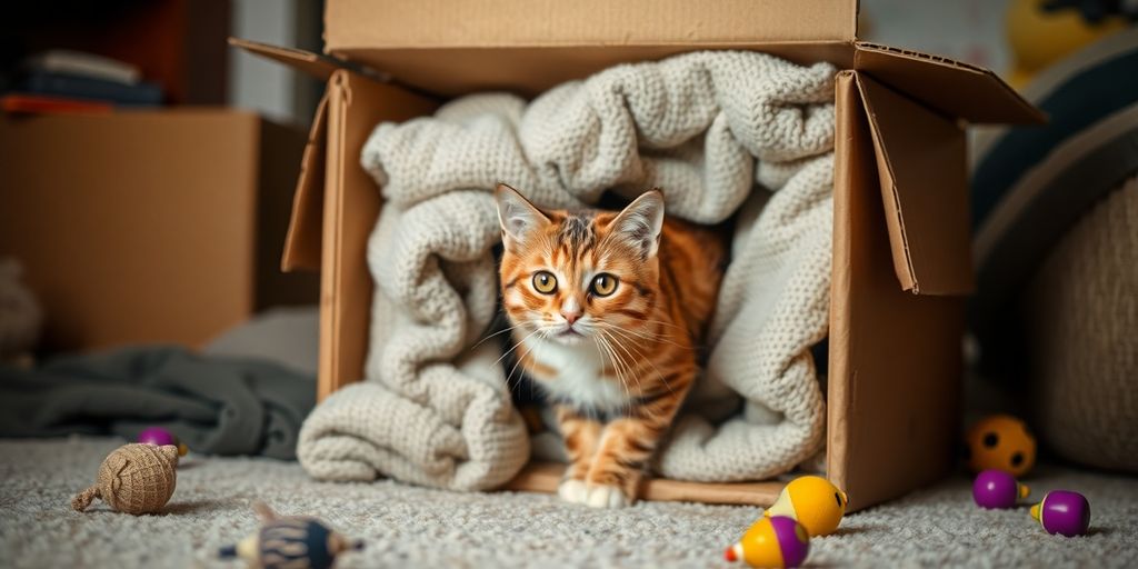 Cat exploring a moving box with blankets and toys.