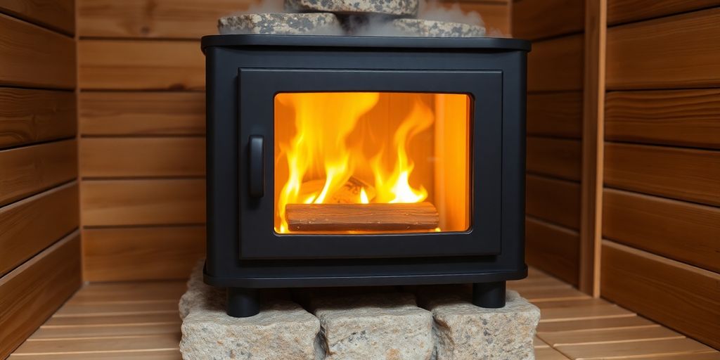 Cozy sauna interior with wood stove.