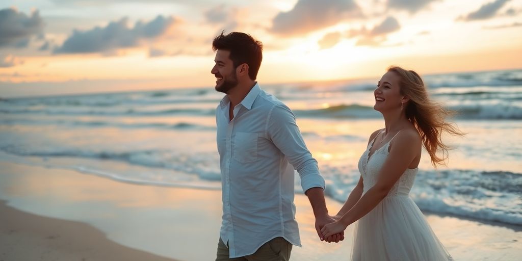 Paar am Strand bei Sonnenuntergang, glücklich und verbunden.