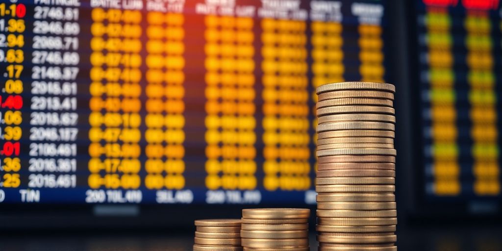 Sports betting odds board with a growing stack of coins.