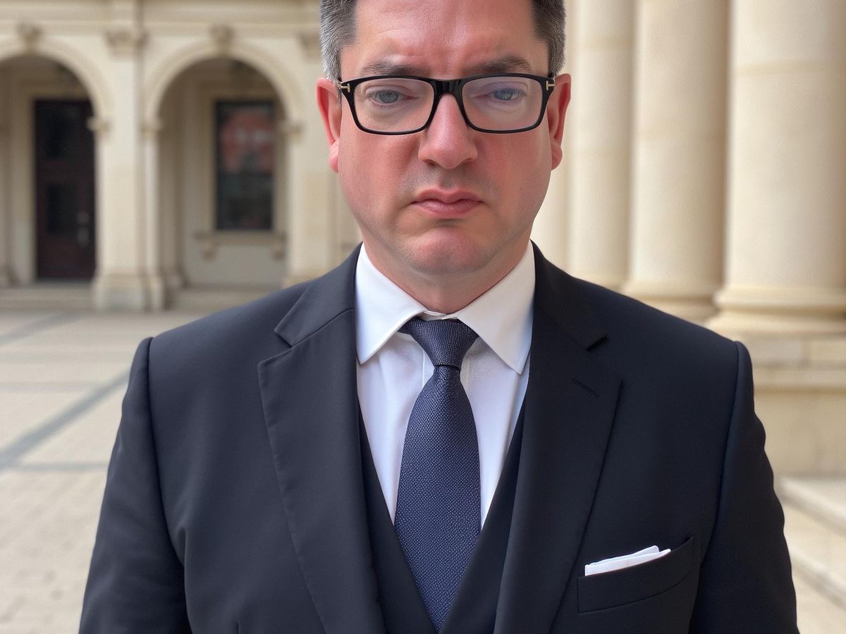 A suited individual stands outside a historic building.