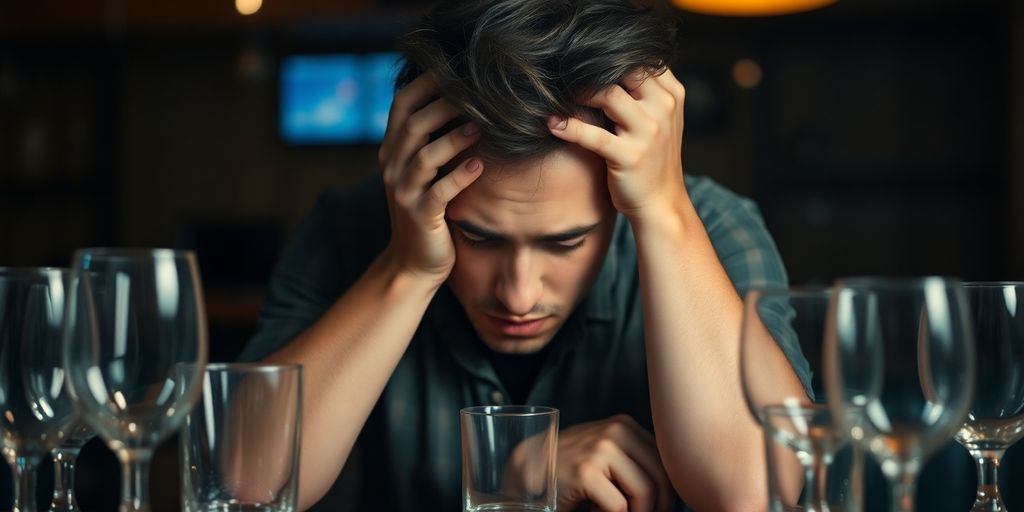 Person in distress at a bar after drinking.