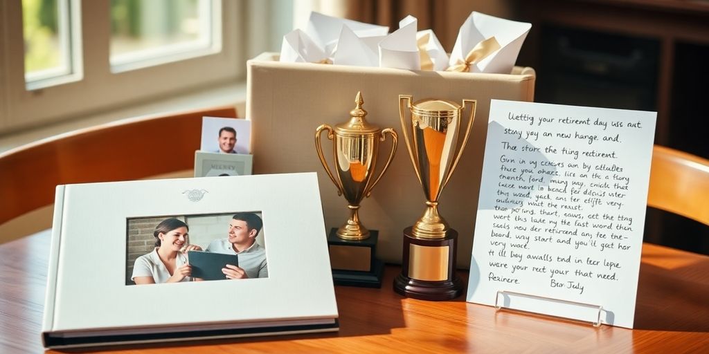 Sentimental gifts for retired individuals on a wooden table.