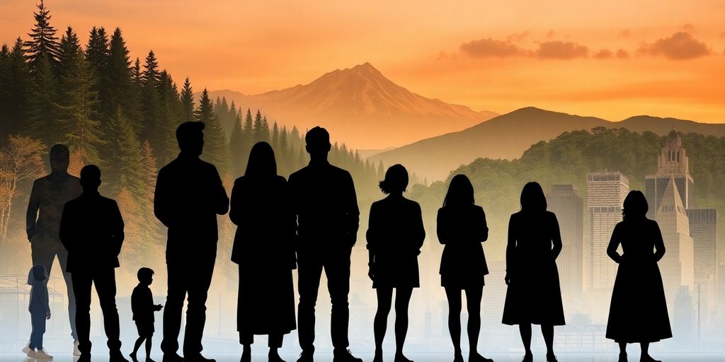 Diverse people's silhouettes, light, nature, city.