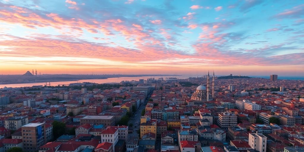 Panoramic view of Istanbul's skyline at sunset.