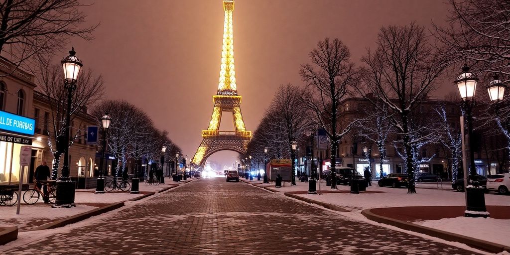 Eiffel Tower illuminated at night with snow falling.