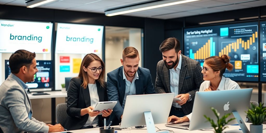 Profissionais de marketing digital em ambiente moderno.