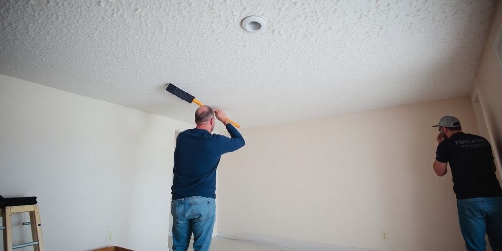 Workers removing popcorn ceiling in a room renovation.