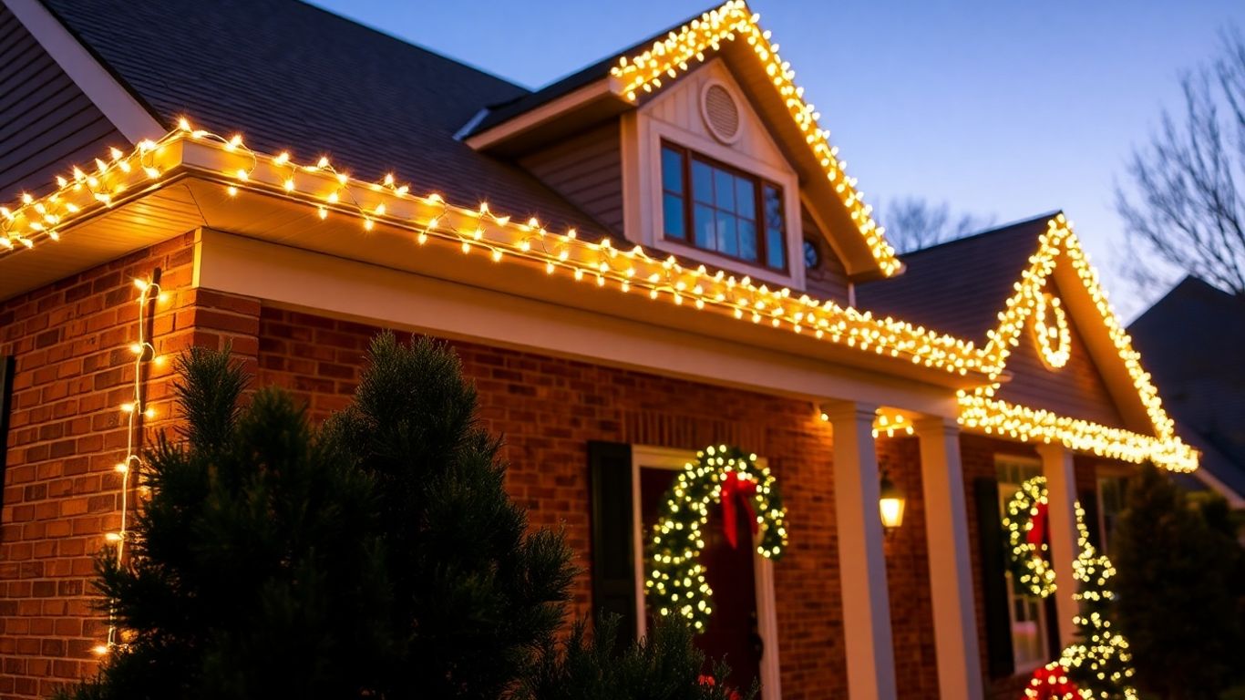 House with bright permanent Christmas lights at dusk