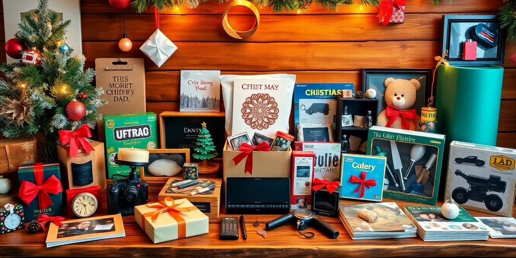 Unique Christmas gifts for dads on a wooden table.