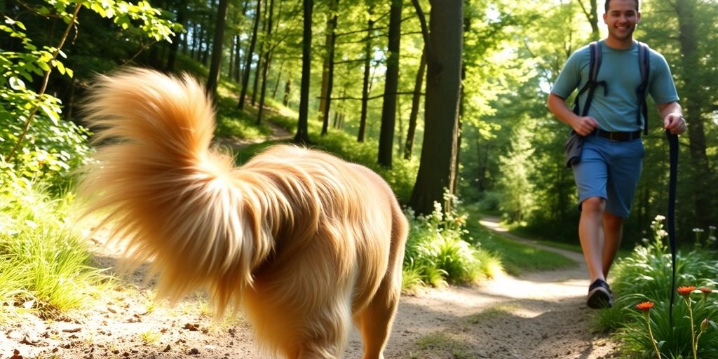 Happy dog and owner hiking on a scenic trail.