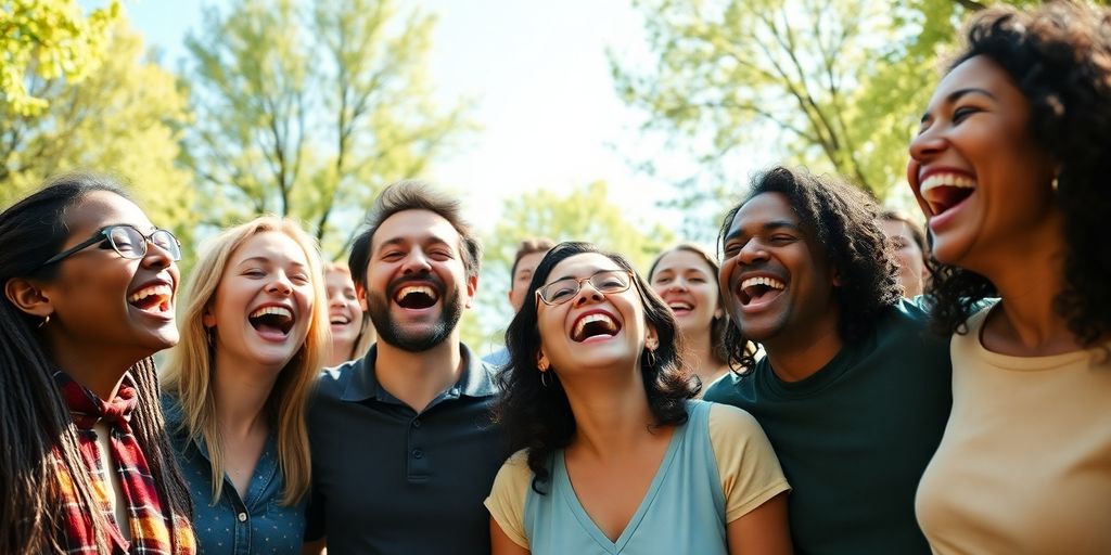 Groep mensen die samen lachen in een park.