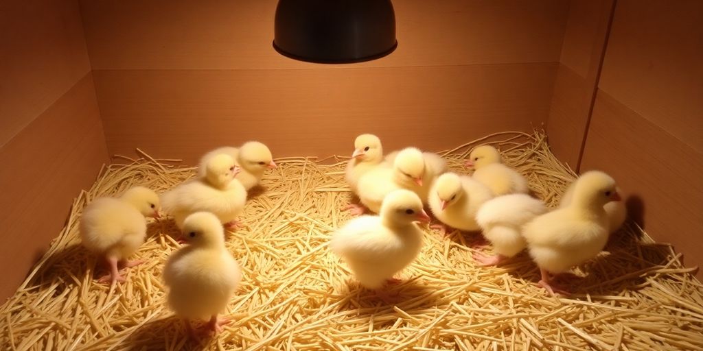 A cozy brooder with chicks and straw bedding.