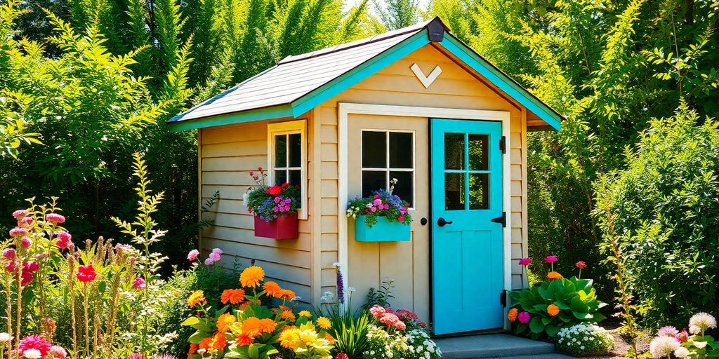 Stylized garden shed, vibrant colors, lush garden setting.