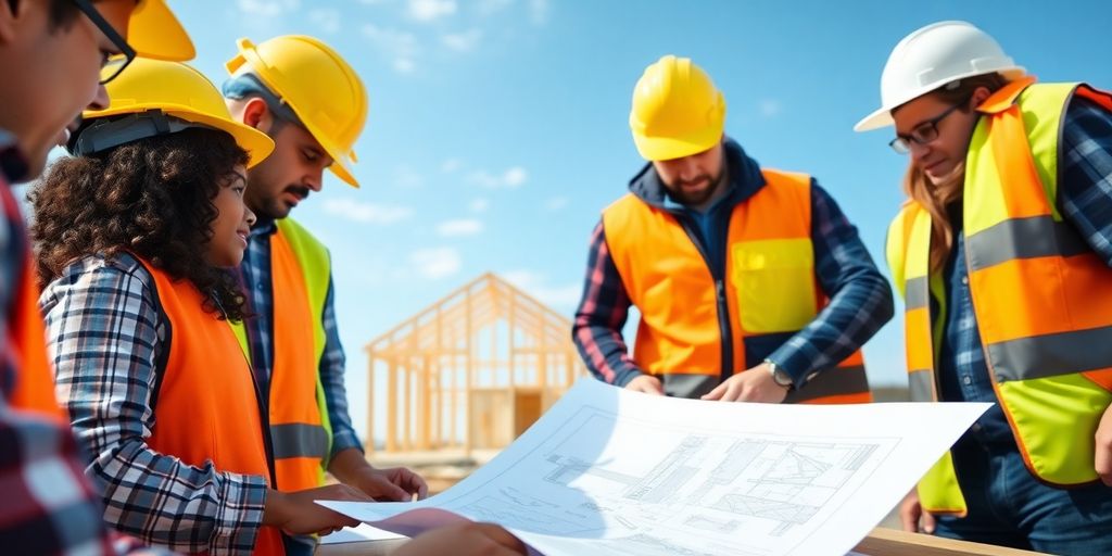 Contractors reviewing blueprints at a construction site.