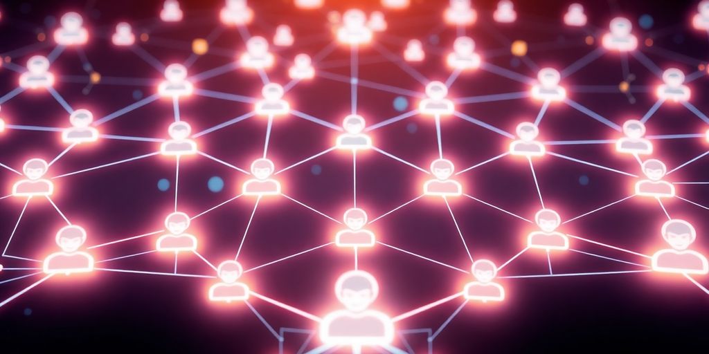 Digital network connecting illuminated personal profiles with blockchain patterns.