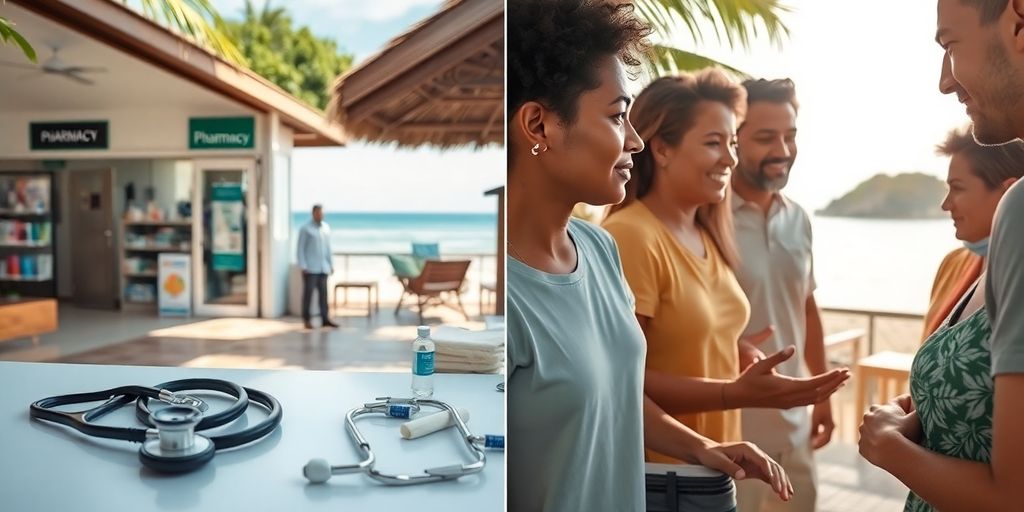 Coastal village, pharmacy, clinic, medical tools, supportive people.