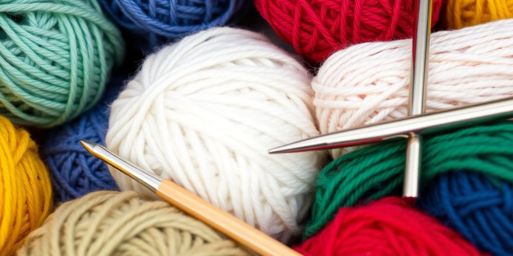 Yarn balls, knitting needles, crochet hook.