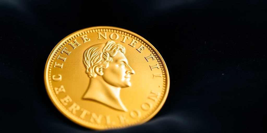 Pièce de monnaie Napoléon en or sur fond sombre.
