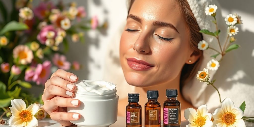 A woman applying cream in a soothing skincare setting.