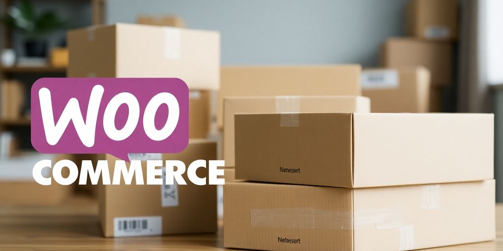 WooCommerce logo with shipping boxes.