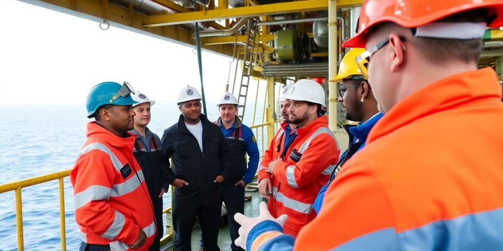 Offshore workers discussing safety on a drilling platform.