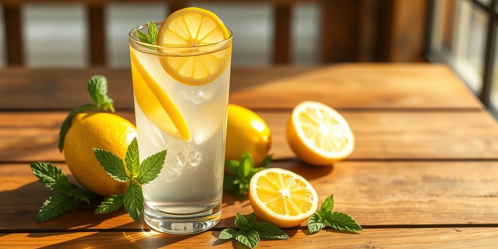 Glass of lemon water with fresh lemons