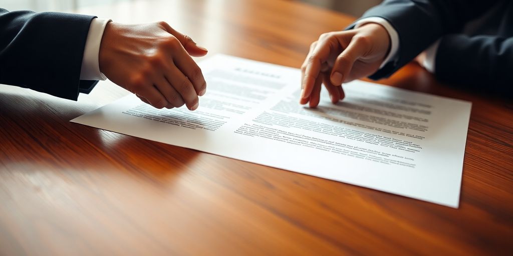 Shaking hands over contract on wooden table.