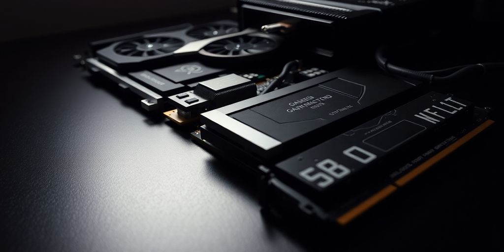 Componentes de PC para juegos sobre una mesa brillante.