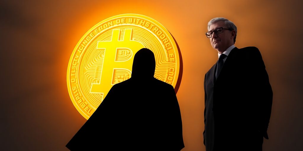 Satoshi Nakamoto's silhouette holding a massive Bitcoin.