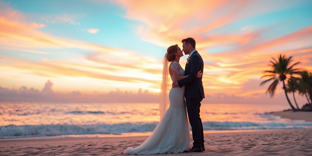 Couple kisses on beach at sunset.