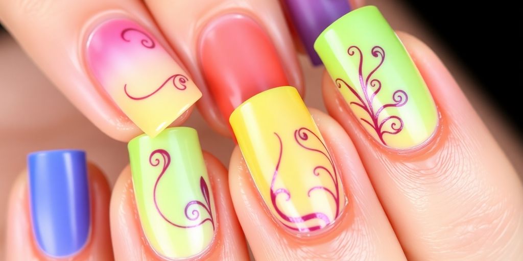 Close-up of colorful gel nails with intricate designs.