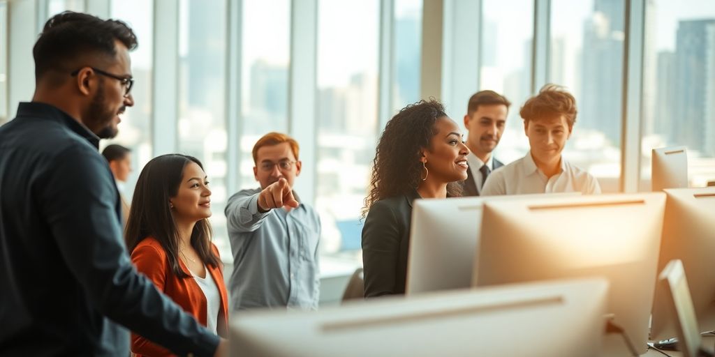 Diverse individuals collaborating in a modern office.