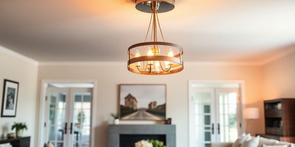 Chandelier illuminating a modern living room