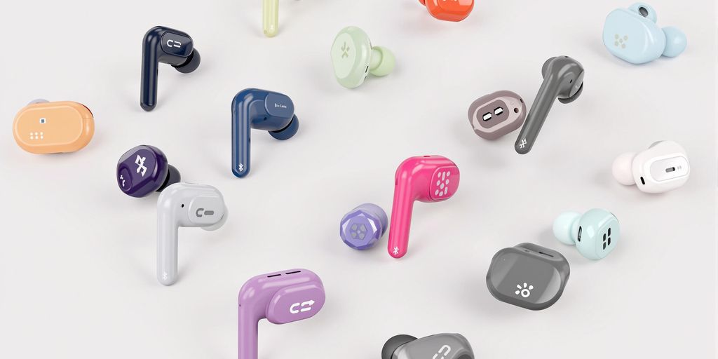 Verschiedene Bluetooth In-Ear-Kopfhörer in lebhaften Farben.