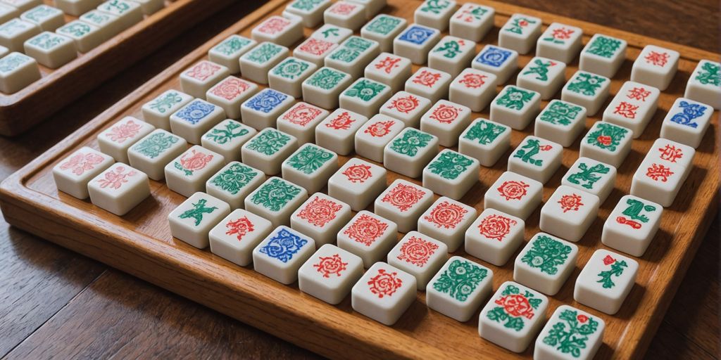 Colorful Mahjong tiles on a wooden table