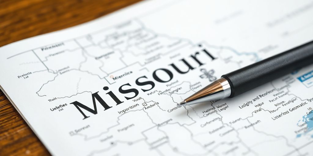 Missouri state map, license document, and pen.