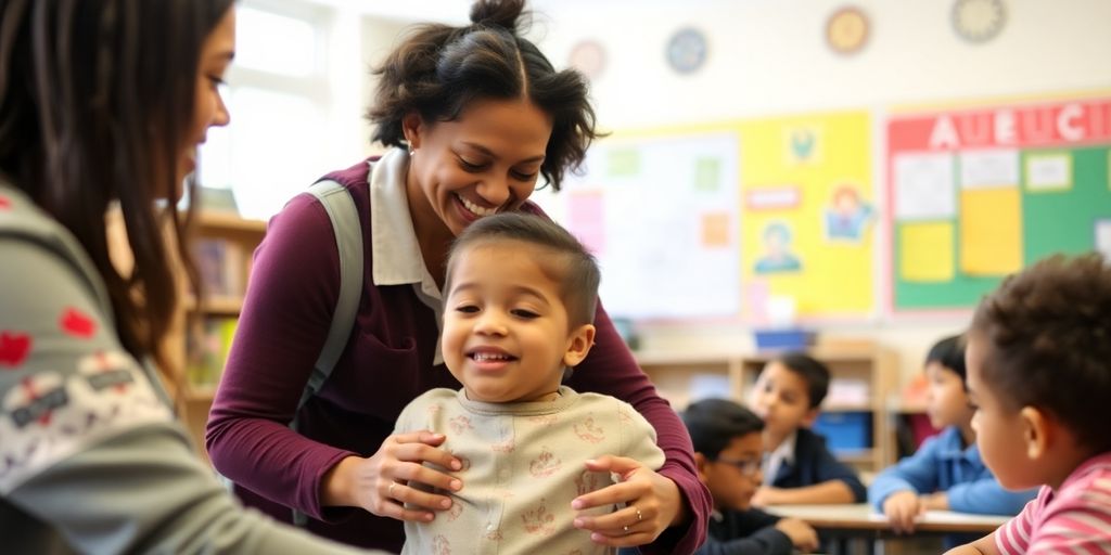 Schulbegleiter hilft einem Schüler im Klassenzimmer.