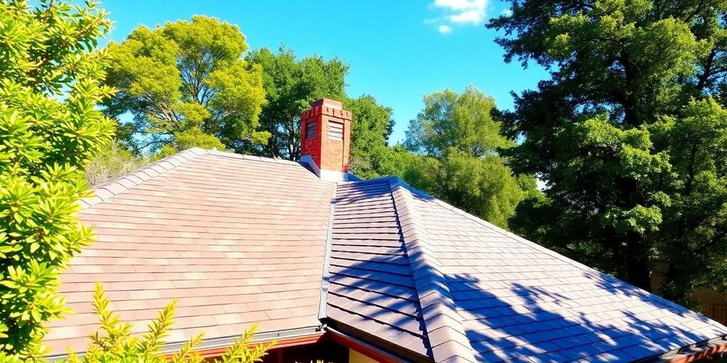 Newly repaired roof with clear sky and greenery.