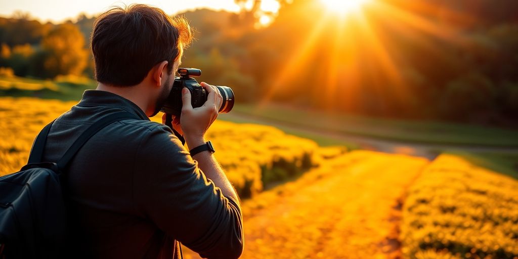 Photographer capturing a vibrant landscape during golden hour.