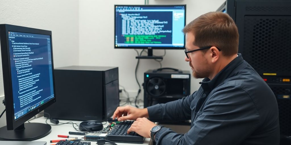 Técnico revisando hardware de computadora y sistemas operativos.