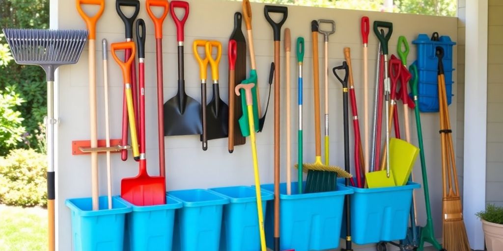 Yard tool organizer with tools in an outdoor setting.
