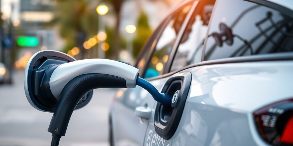 Electric vehicle charging point with a modern car.