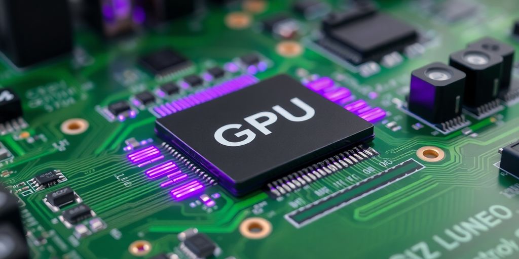 Placa de circuito verde com chip de GPU e luzes roxas.