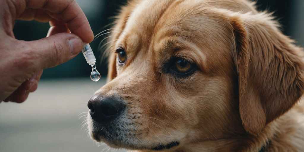 Dog receiving eye drops from a dropper close-up.