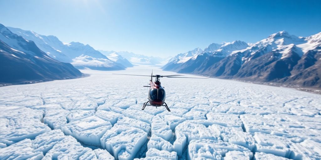 A helicopter flies over a vast Alaskan glacier and mountains.