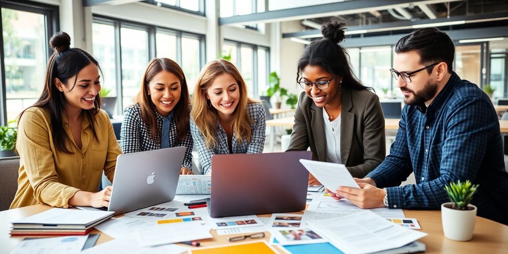 Grupo de profissionais colaborando em marketing de conteúdo.