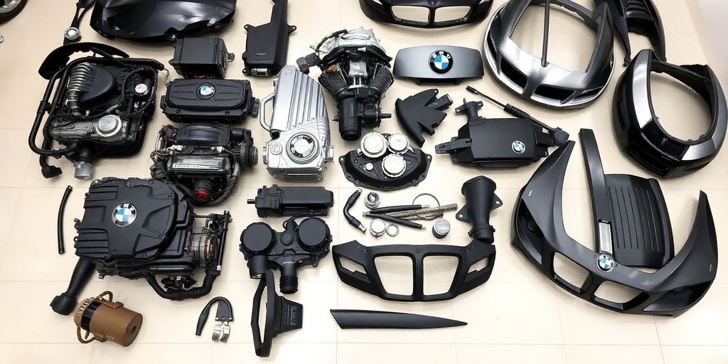 BMW car parts arranged neatly.