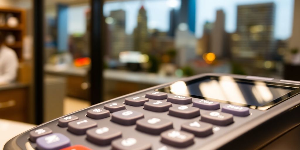 Australian business owner examining EFTPOS terminal.